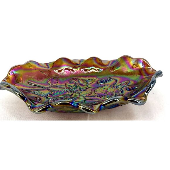 Imperial Carnival Glass Poppy Pansy Pickle Dish Quilted Amethyst 9.25" - Picture 5 of 7